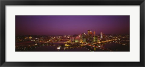 Framed High angle view of buildings lit up at night, Three Rivers Stadium, Pittsburgh, Pennsylvania, USA Print