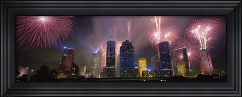 Framed Fireworks Over Buildings In Houston, Texas Print