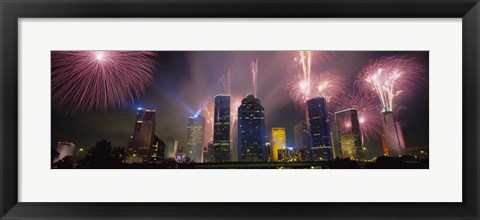 Framed Fireworks Over Buildings In Houston, Texas Print