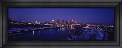 Framed Reflection of buildings in a river at night, Mississippi River, Minneapolis and St Paul, Minnesota, USA Print