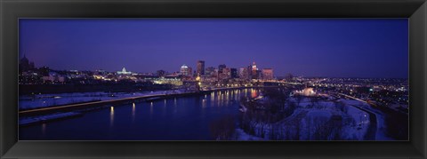 Framed Reflection of buildings in a river at night, Mississippi River, Minneapolis and St Paul, Minnesota, USA Print