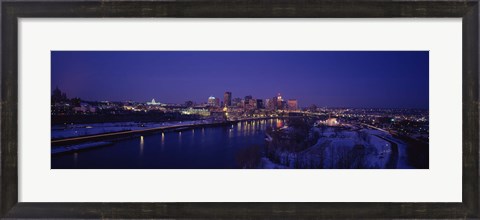 Framed Reflection of buildings in a river at night, Mississippi River, Minneapolis and St Paul, Minnesota, USA Print