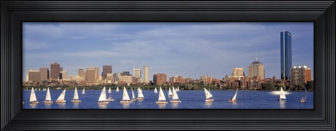 Framed View of boats on a river by a city, Charles River,  Boston Print