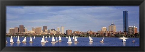 Framed View of boats on a river by a city, Charles River,  Boston Print