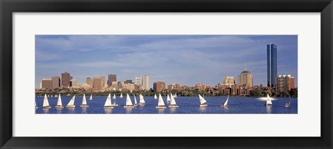 Framed View of boats on a river by a city, Charles River,  Boston Print