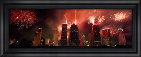 Framed Fireworks over buildings in a city, Houston, Texas Print