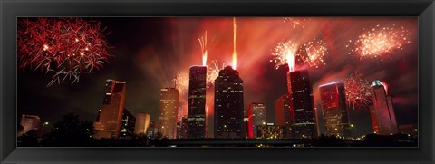 Framed Fireworks over buildings in a city, Houston, Texas Print