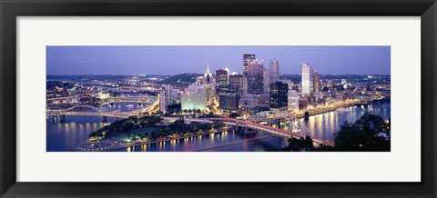 Framed Buildings in a city lit up at dusk, Pittsburgh, Allegheny County, Pennsylvania, USA Print