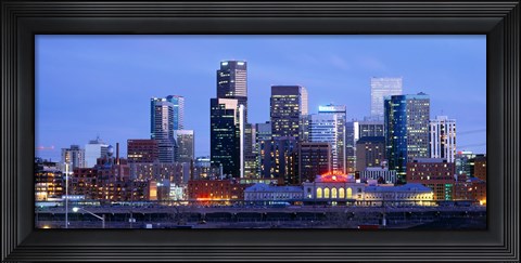 Framed Buildings lit up at dusk, Denver, Colorado Print