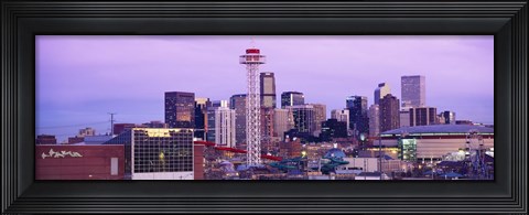 Framed Building lit up at dusk, Denver, Colorado, USA Print