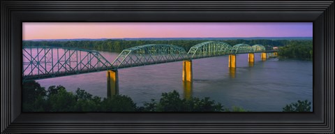 Framed USA, Missouri, High angle view of railroad track bridge Route 54 over Mississippi River Print