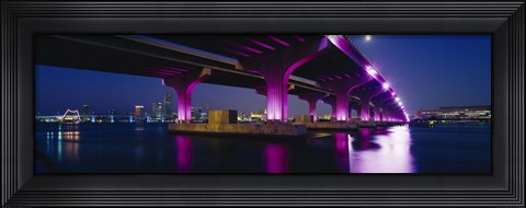 Framed Bridge lit up across a bay, Macarthur Causeway, Biscayne Bay, Miami, Florida, USA Print