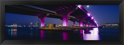 Framed Bridge lit up across a bay, Macarthur Causeway, Biscayne Bay, Miami, Florida, USA Print