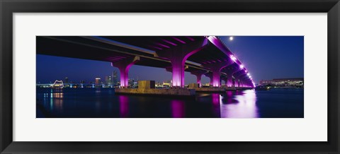 Framed Bridge lit up across a bay, Macarthur Causeway, Biscayne Bay, Miami, Florida, USA Print