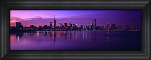 Framed Buildings at the waterfront lit up at dusk, Sears Tower, Hancock Building, Lake Michigan, Chicago, Cook County, Illinois, USA Print
