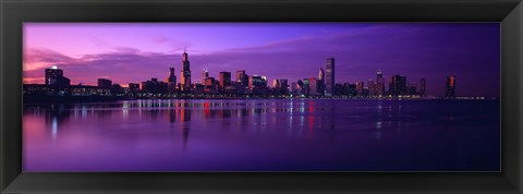 Framed Buildings at the waterfront lit up at dusk, Sears Tower, Hancock Building, Lake Michigan, Chicago, Cook County, Illinois, USA Print