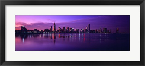Framed Buildings at the waterfront lit up at dusk, Sears Tower, Hancock Building, Lake Michigan, Chicago, Cook County, Illinois, USA Print