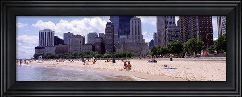 Framed Group of people on the beach, Oak Street Beach, Chicago, Illinois, USA Print