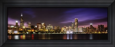 Framed Buildings at the waterfront lit up at night, Chicago, Illinois Print