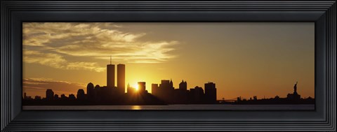 Framed Manhattan skyline and a statue at sunrise, Statue Of Liberty, New York City, New York State, USA Print