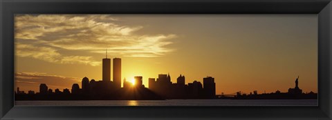 Framed Manhattan skyline and a statue at sunrise, Statue Of Liberty, New York City, New York State, USA Print