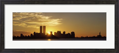 Framed Manhattan skyline and a statue at sunrise, Statue Of Liberty, New York City, New York State, USA Print