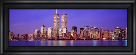Framed Buildings at the waterfront lit up at dusk, World Trade Center, Wall Street, Manhattan, New York City, New York State, USA Print