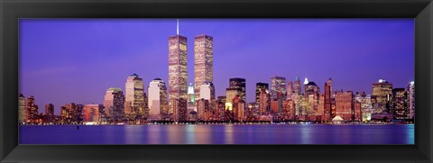 Framed Buildings at the waterfront lit up at dusk, World Trade Center, Wall Street, Manhattan, New York City, New York State, USA Print