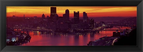 Framed Silhouette of buildings at dawn, Three Rivers Stadium, Pittsburgh, Allegheny County, Pennsylvania, USA Print