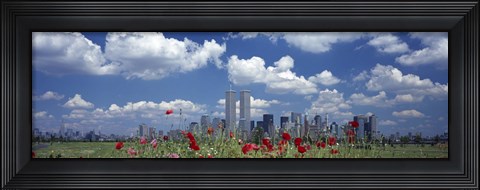 Framed Red Flowers in a park with buildings in the background, Manhattan Print