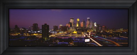 Framed Skyscrapers lit up at dusk, Minneapolis, Minnesota, USA Print