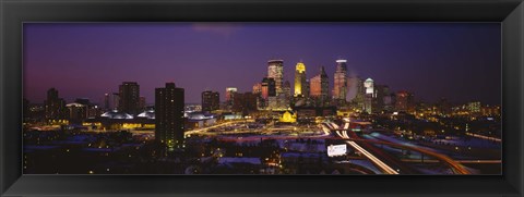 Framed Skyscrapers lit up at dusk, Minneapolis, Minnesota, USA Print