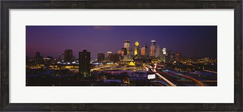 Framed Skyscrapers lit up at dusk, Minneapolis, Minnesota, USA Print