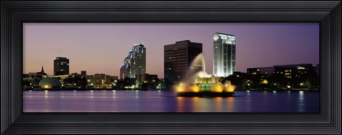Framed Fountain in a lake lit up at night, Lake Eola, Summerlin Park, Orlando, Florida Print