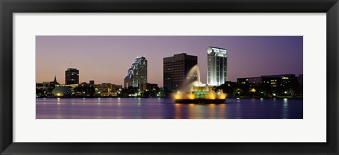 Framed Fountain in a lake lit up at night, Lake Eola, Summerlin Park, Orlando, Florida Print