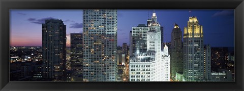 Framed Skyscraper lit up at night in a city, Chicago, Illinois, USA Print