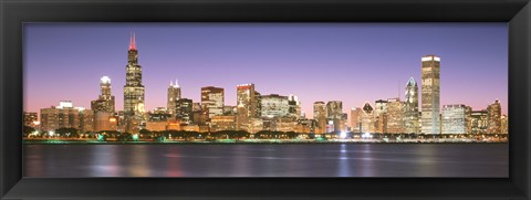 Framed Skyscrapers lit up at night at the waterfront, Lake Michigan, Chicago, Cook County, Illinois, USA Print