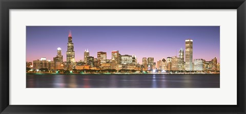 Framed Skyscrapers lit up at night at the waterfront, Lake Michigan, Chicago, Cook County, Illinois, USA Print