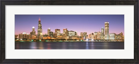 Framed Skyscrapers lit up at night at the waterfront, Lake Michigan, Chicago, Cook County, Illinois, USA Print