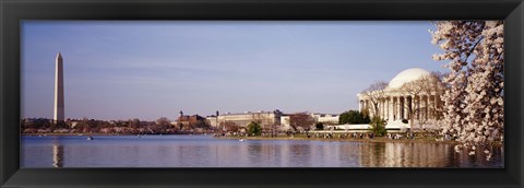 Framed USA, Washington DC, Washington Monument and Jefferson Memorial, Tourists outside the memorial Print