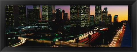 Framed Harbor Freeway and buildings lit up, Los Angeles CA Print