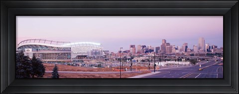 Framed USA, Colorado, Denver, Invesco Stadium, Skyline at dusk Print