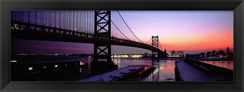 Framed Suspension bridge across a river, Ben Franklin Bridge, Philadelphia, Pennsylvania, USA Print