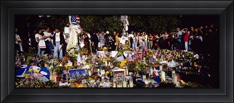 Framed Group of people standing in front of offerings at a memorial, New York City, New York State, USA Print
