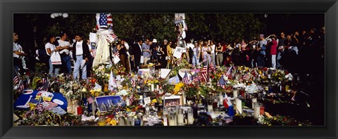 Framed Group of people standing in front of offerings at a memorial, New York City, New York State, USA Print