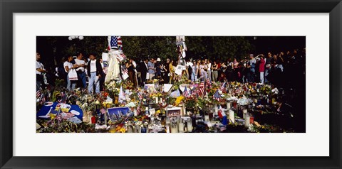 Framed Group of people standing in front of offerings at a memorial, New York City, New York State, USA Print