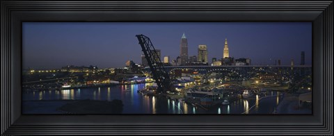 Framed Skyscrapers lit up at night in a city, Cleveland, Ohio, USA Print