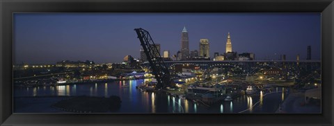 Framed Skyscrapers lit up at night in a city, Cleveland, Ohio, USA Print