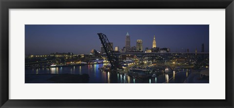 Framed Skyscrapers lit up at night in a city, Cleveland, Ohio, USA Print