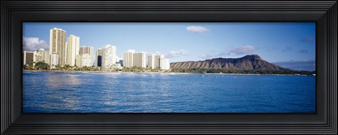 Framed Buildings at the waterfront with a volcanic mountain in the background, Honolulu, Oahu, Hawaii, USA Print